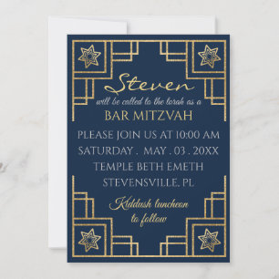 Convite Bar ou Bat Mitzvah Blue n Dourado Art Deco