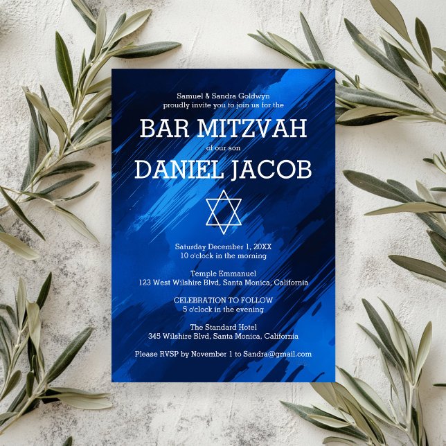 Convite Bar Personalizado da Estrela de Brushstrokes Azul  (Blue Brushstrokes Star Custom BAR BAT MITZVAH Invitation
)