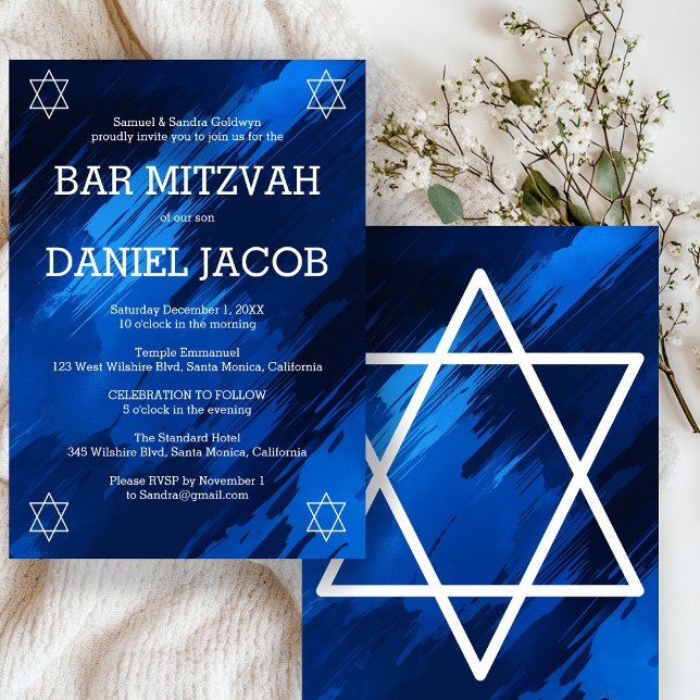 Convite Bar Personalizado de Estrelas de Traços Azuis BAT  (Blue Brushstrokes Stars Custom BAR BAT MITZVAH Invitation
)
