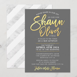 Convite BAR PERSONALIZADO Mitzvah gold script name SHAUN