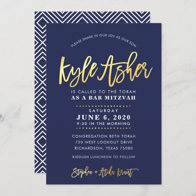 Convite BAR PERSONALIZADO Mitzvah marinho moderno + nome d (Frente/Verso)