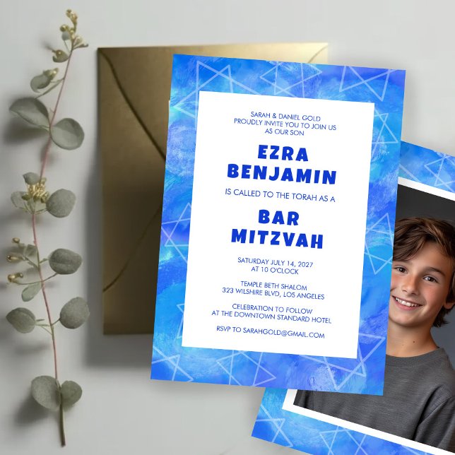 Convite Bar PHOTO Personalizado da Estrela de Rolagem em Á (Watercolor Swirl Star Custom PHOTO Bar Bat Mitzvah Invitation
)