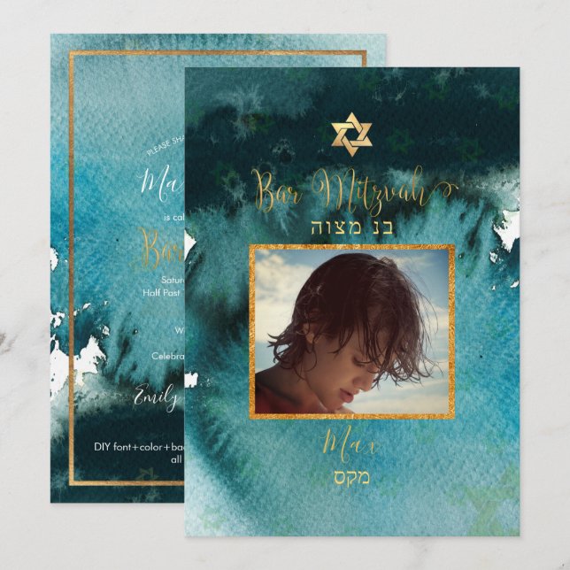 Convite Bar PixDezines Mitzvah |Cor Verde Teal (Frente/Verso)