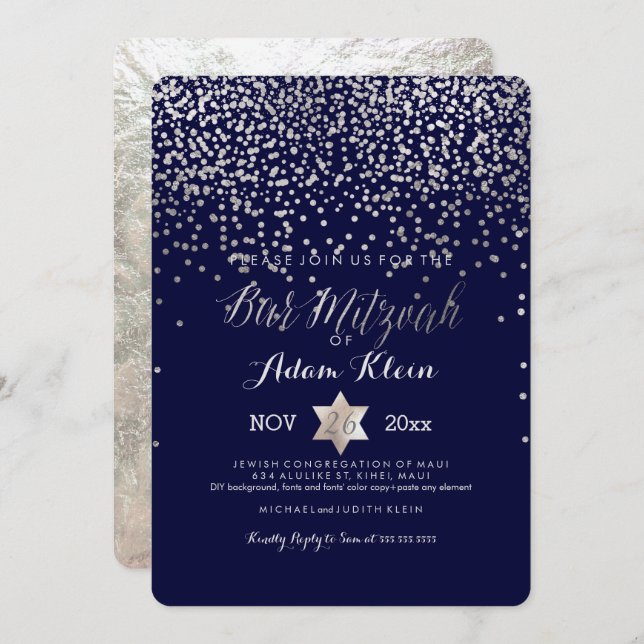 Convite Bar PixDezines Mitzvah/Faux Silver Confetti (Frente/Verso)