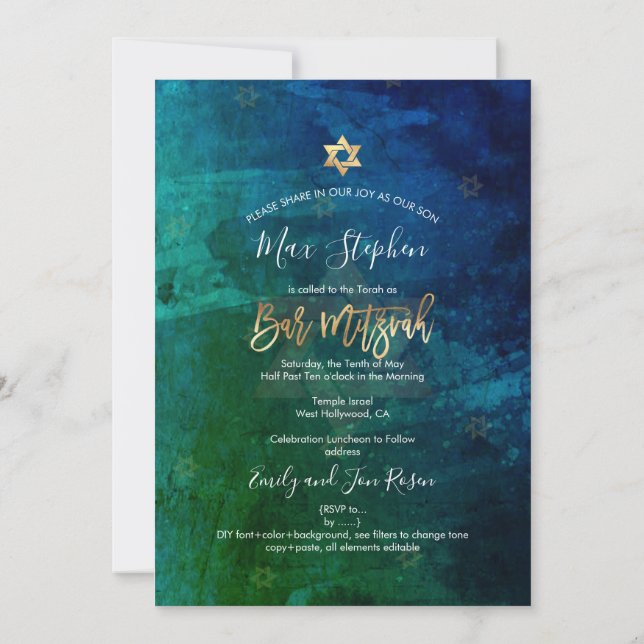 Convite Bar PixDezines Mitzvah Marinho+Emerald Watercolor (Verso)