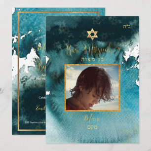 Convite Bar PixDezines Mitzvah PhotoTeal Green Watercolor