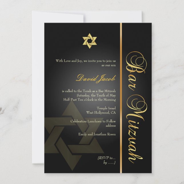 Convite BAR PixDezines MITZVAH/STAR DE DAVID/DOURADO+PRETO (Frente)