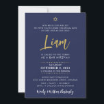 Convite BAR SCRIPT MITZVAH inscrição marinho ouro azul<br><div class="desc">por kat massard >> WWW.SIMPLYSWEETPAPERIE.COM << Um design elegante e simples para o BAT do seu filho ou BAR MITZVAH Love the design, mas gostaria de ver algumas mudanças - outro esquema de cores, produto, adicionar uma foto ou adaptado para uma ocasião diferente - não se preocupe, basta entrar em...</div>