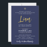 Convite BAR SCRIPT MITZVAH inscrição marinho ouro azul<br><div class="desc">por kat massard >> WWW.SIMPLYSWEETPAPERIE.COM << Um design elegante e simples para o BAT do seu filho ou BAR MITZVAH Love the design, mas gostaria de ver algumas mudanças - outro esquema de cores, produto, adicionar uma foto ou adaptado para uma ocasião diferente - não se preocupe, basta entrar em...</div>