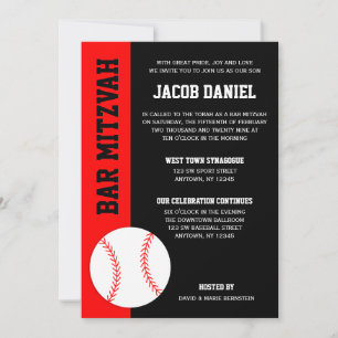 Convite Bar Vermelho Negro de Basebol Mitzvah
