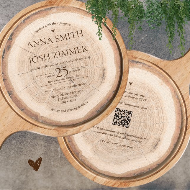 Convite Barão de Árvore Rústica de Madeira Todos em Um Cas (All in one Rustic Wood QR code Wedding Invitation)