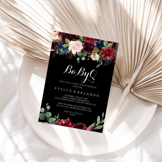 Convite Barbecue Chá de fraldas Rustic Black Botanical Bab (Criador carregado)