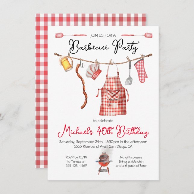 Convite Barbecue CHURRASCO Birthday red Gingham (Frente/Verso)