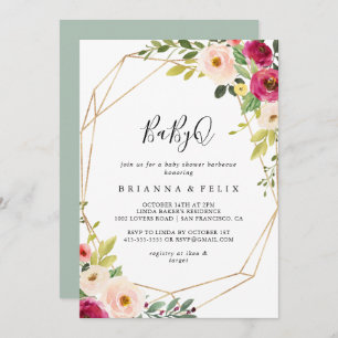 Convite Barbecue do Chá de fraldas Dourado Geométrico Verd