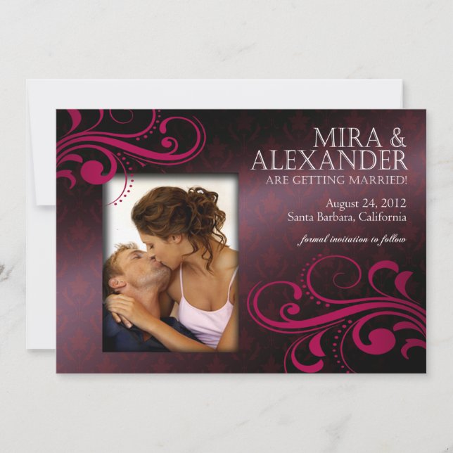 Convite Barbizon Damask Scroll - berinjela|magenta Casamen (Frente)