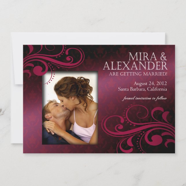 Convite Barbizon Damask Scroll - fuschia|magenta Casamento (Frente)