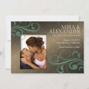 Convite Barbizon Damask Scroll - marrom verde-água Casamen