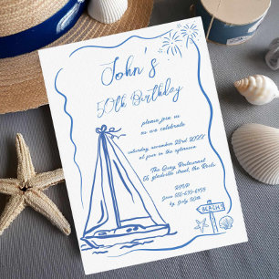 Convite Barco à Vela Excêntrico Doodles de Mão Aniversário