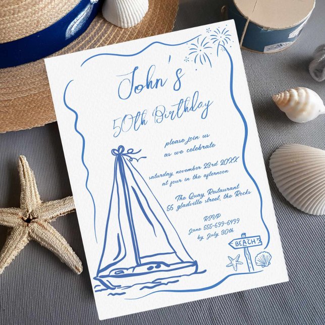 Convite Barco à Vela Excêntrico Doodles de Mão Aniversário (Criador carregado)
