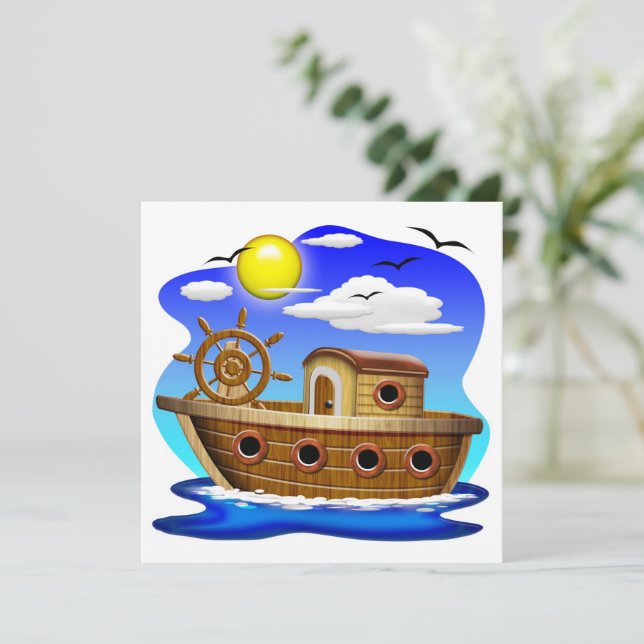 Convite Barco de Pesca Cartoon  (Em pé/Frente)