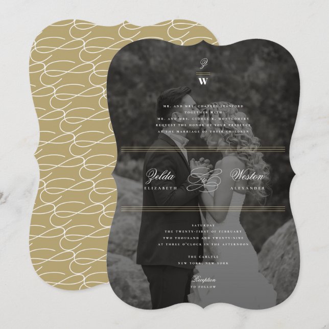 Convite Bares Clássicos Casamento de Fotos Moderno Monogra (Frente/Verso)