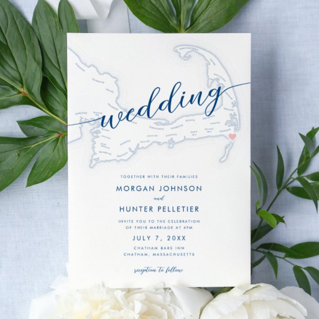 Convite Bares Modernos De Chatham Em Casamento (Chatham Bars Inn Wedding Invitations in minimal modern navy blue from Coastal Map Designs)