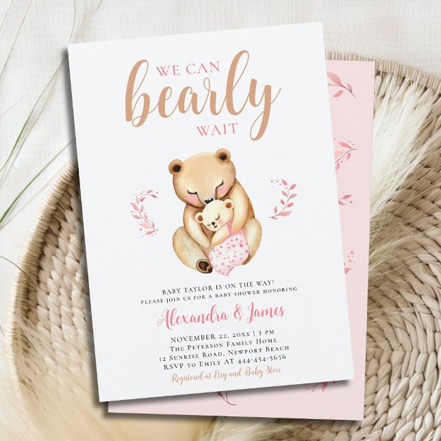 Convite Barly Mama Bear Cub Woodland Baby Chá (we can bearly wait baby girl shower invitation mama bear cub woodland forest cute sweet animal pink )