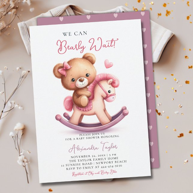 Convite Barly Wait Rocking Horse Arco Baby Girl Chá (we can bearly wait baby girl shower invitation teddy bear cute rocking chair cowboy western pink bow)