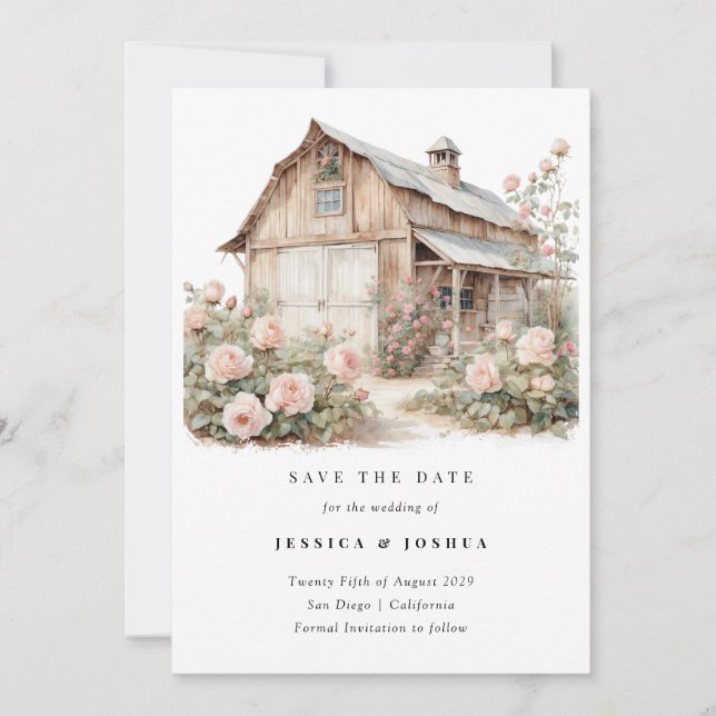 Convite Barn Salve a Data, Farmhouse Floral Russo (Frente)