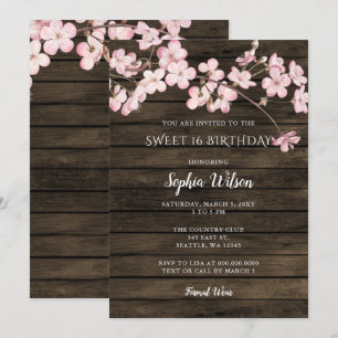 Convite Barn Wood Sakura Pink Cherry Blossoms doce 16