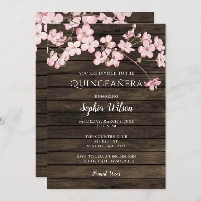 Convite Barn Wood Sakura Pink Cherry Blossoms Quinceañera (Frente/Verso)