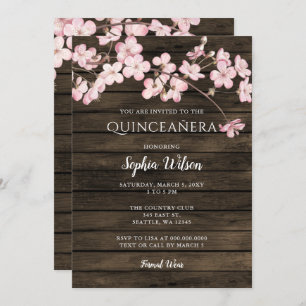 Convite Barn Wood Sakura Pink Cherry Blossoms Quinceañera