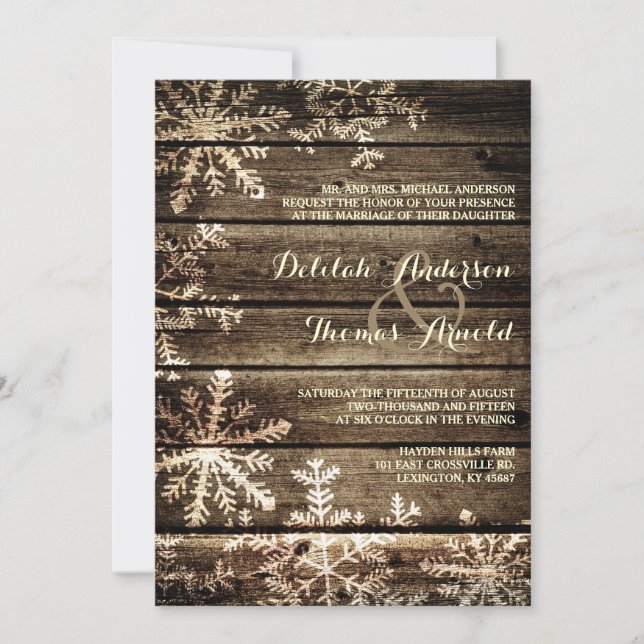 Convite Barn Wood Snowflakes Casamento no inverno Russo (Frente)
