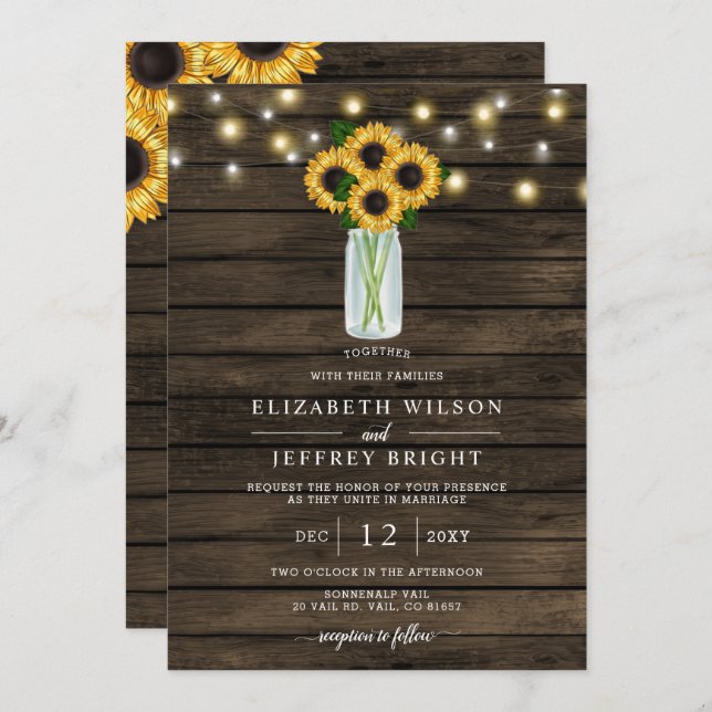 Convite Barn Wood String Luzes Sunflower Casamento (Frente/Verso)