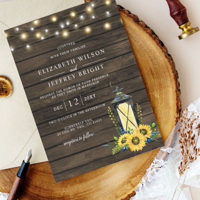 Convite Barn Wood String Luzes Sunflower Casamento (Criador carregado)