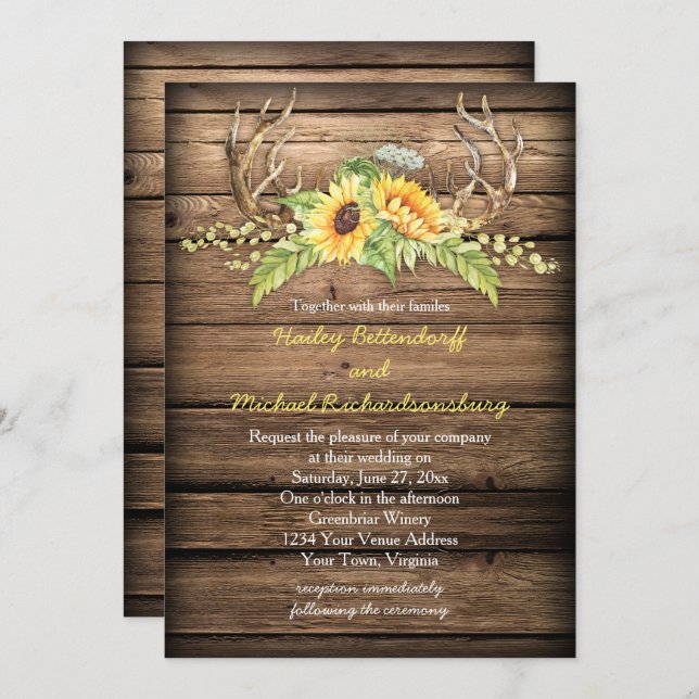 Convite Barn Wood Sunflower Antlers com RSVP Wedding (Frente/Verso)