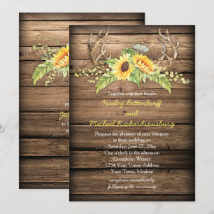 Convite Barn Wood Sunflower Antlers com RSVP Wedding