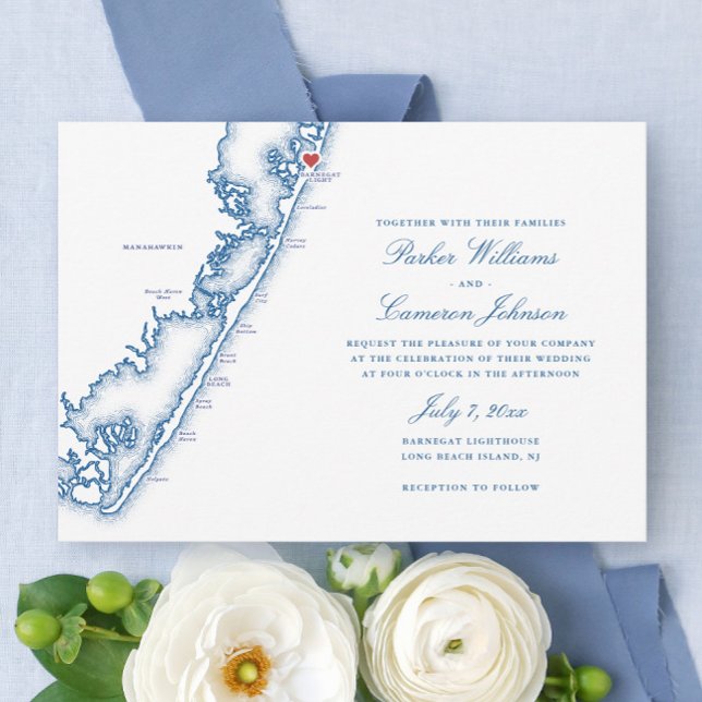 Convite Barnegat Light NJ Map Elegant Navy Blue Wedding (Barnegat Light NJ Map Long Beach Island Wedding Invitation in elegant navy blue, Coastal Map Designs)