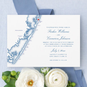 Convite Barnegat Light NJ Mapa Elegante Azul Marinho Casam