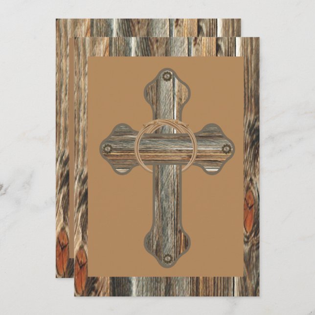 Convite Barnwood Cross Com Cordas E Conchos (Frente/Verso)