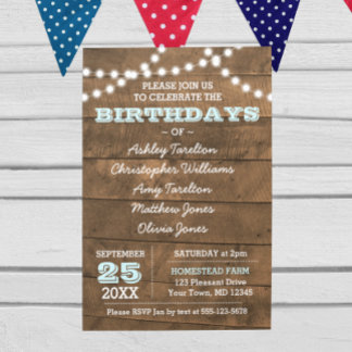 Convite Barnwood Lights Aqua Multiple Birthdays Invent