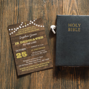 Convite Barnwood Lights Dourada Dedication Invitation