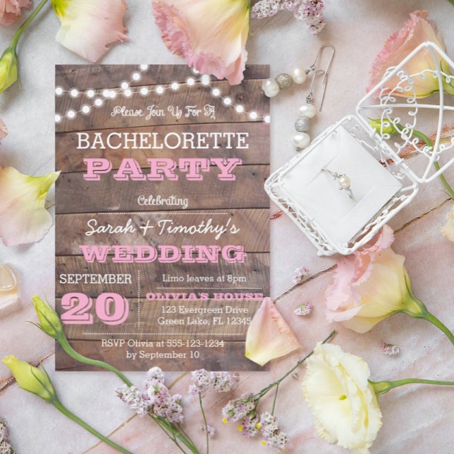 Convite Barnwood Lights Pink Bachelorette Invent (Criador carregado)