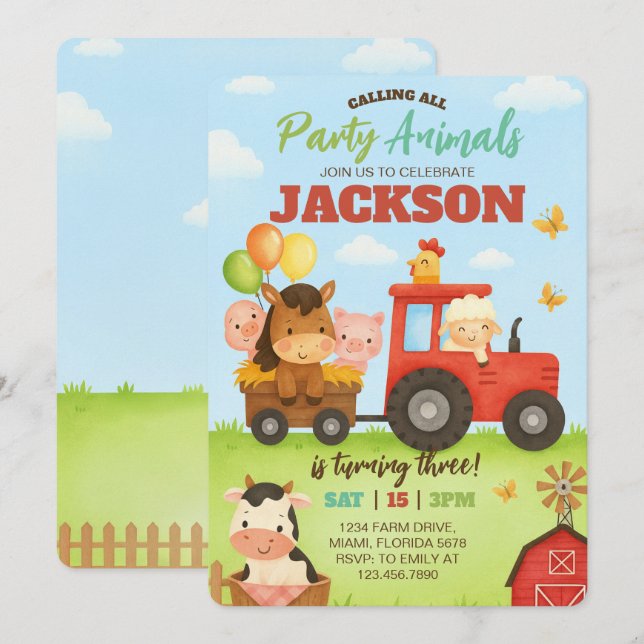 Convite Barnyard Animals Ranch Kids Birthday (Frente/Verso)