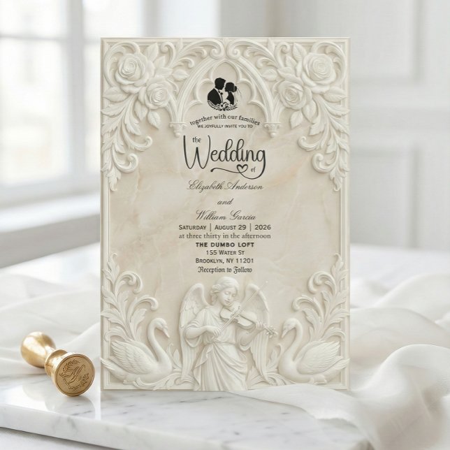 Convite Baroque Angel & Swans Vintage Cream Wedding  (Criador carregado)