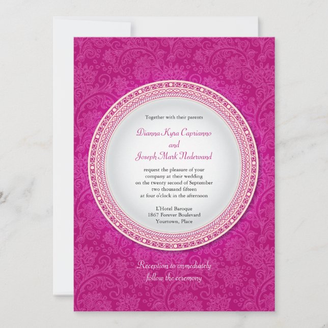 Convite Baroque Fuchsia Plaque Wedding Invitation (Frente)
