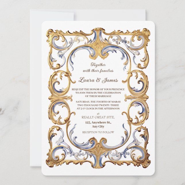 Convite Baroque Rococo Luxurious Golden Swirls Wedding (Frente)