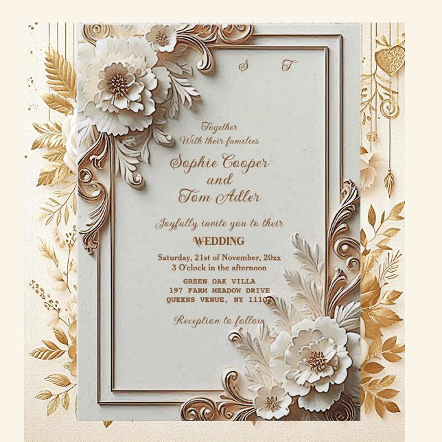 Convite Baroque White Flowers Opulence Ivory Gold Frame  (Baroque White Flowers Opulence Ivory Gold Frame Invitation)
