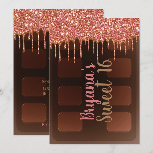 Convite Barra de Chocolate com Brilho Rosa Doce 16 Anos (Frente/Verso)