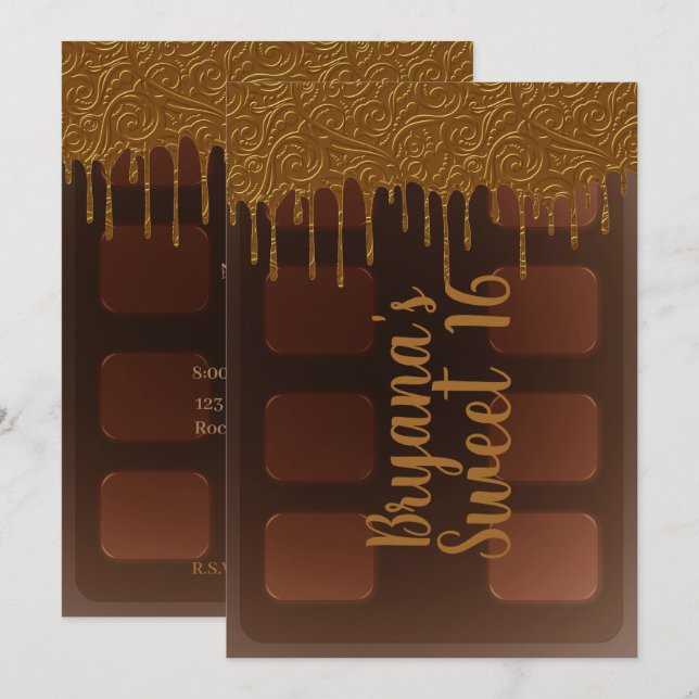 Convite Barra de Chocolate Gold Drip Doce Festa de 16 Anos (Frente/Verso)